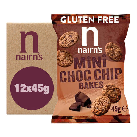 Nairn's gluten-free mini choc chip bakes packaging with a box in the background.
