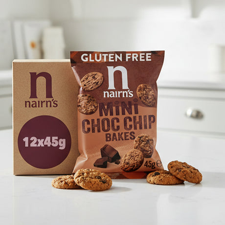 Nairn's gluten-free mint choc chip bakes packaging with cookies on a kitchen counter