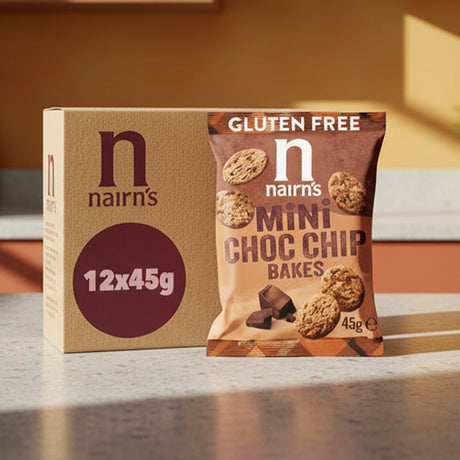 Nairn's gluten-free mini choc chip bakes packaging on a wooden surface