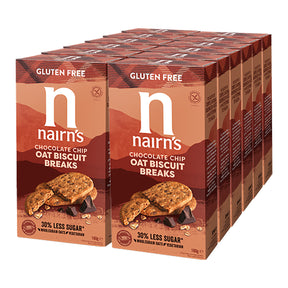 Multiple boxes of Nairn's Chocolate Chip Oat Biscuit Breaks on a white background