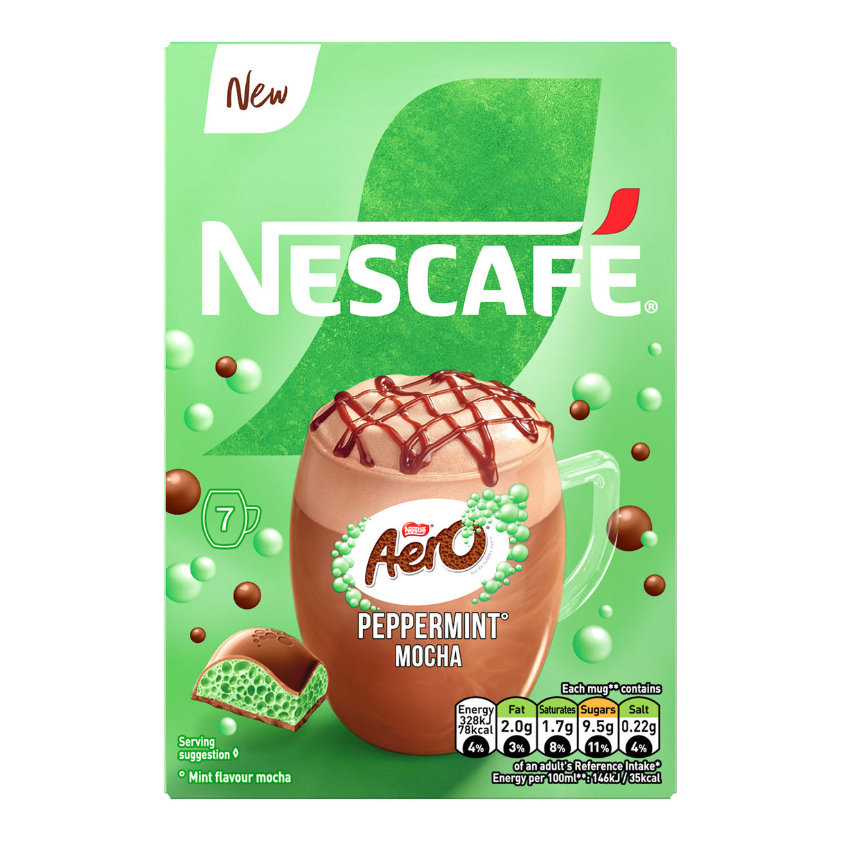 Nescafe Aero Peppermint Mocha instant coffee packaging on a white background
