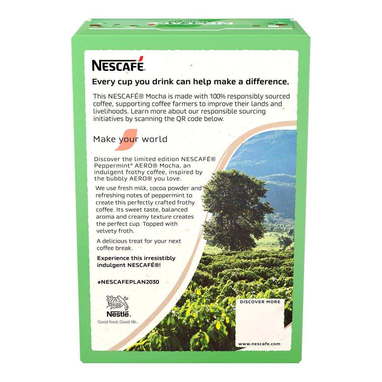 Nescafe coffee packaging with scenic design and text about responsible sourcing.