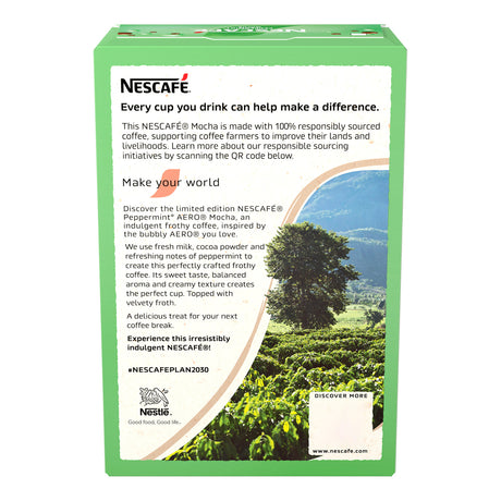 Nescafe coffee packaging with scenic design and text about responsible sourcing.