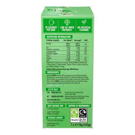 Green box with nutritional information and ingredients on a white background