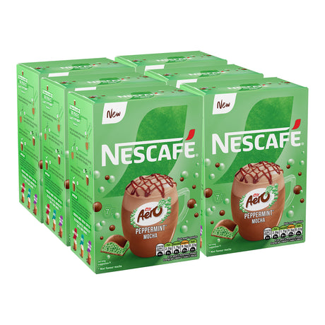 Multiple boxes of Nescafe Aero Peppermint Mocha on a white background
