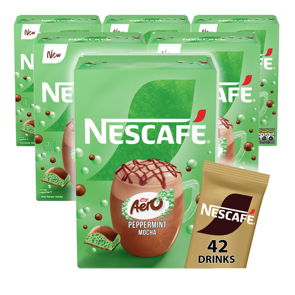 Nescafe Aero Peppermint Mocha instant coffee packaging with a green background