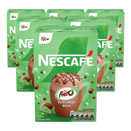 Multiple boxes of Nescafe Aero Peppermint Mocha on a white background