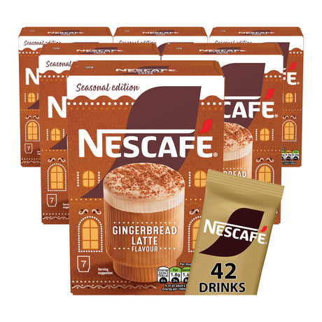 Five boxes of Nescafe Seasonal Edition Gingerbread Latte Flavour coffee pods, with one individual 42-drink pouch in the foreground, set against a plain white background.