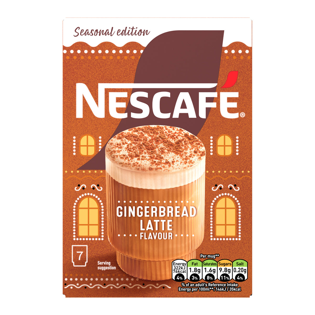 Nescafe Seasonal edition Gingerbread Latte Flavour packaging box, featuring a brown and orange design with a graphic of a gingerbread latte topped with cocoa powder.