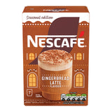 A box of Nescafe Seasonal edition Gingerbread Latte Flavour, featuring a brown and white design with an illustration of a gingerbread latte topped with cocoa powder.