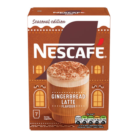 A box of Nescafe Seasonal edition Gingerbread Latte Flavour, featuring a brown and white design with an illustration of a gingerbread latte topped with cocoa powder.