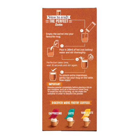 An orange cardboard packaging panel with illustrated instructions for making a perfect latte, including step-by-step diagrams and coffee flavor suggestions at the bottom.