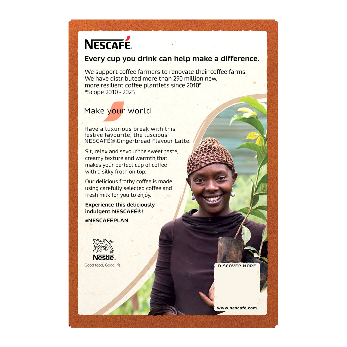 A Nescafe promotional poster with a warm orange border, featuring text about supporting coffee farmers and a photo of a smiling woman wearing a woven hat next to a glass of coffee.