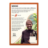 A Nescafe promotional poster with a warm orange border, featuring text about supporting coffee farmers and a photo of a smiling woman wearing a woven hat next to a glass of coffee.