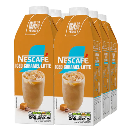 Multiple cartons of Nescafe Iced Caramel Latte on a white background
