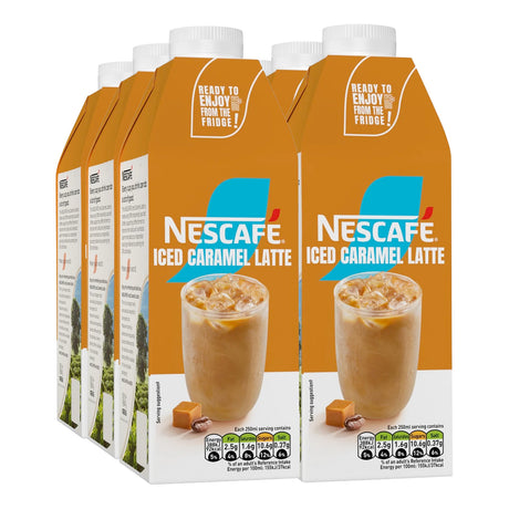 Packaging of Nescafe iced caramel latte drinks on a white background