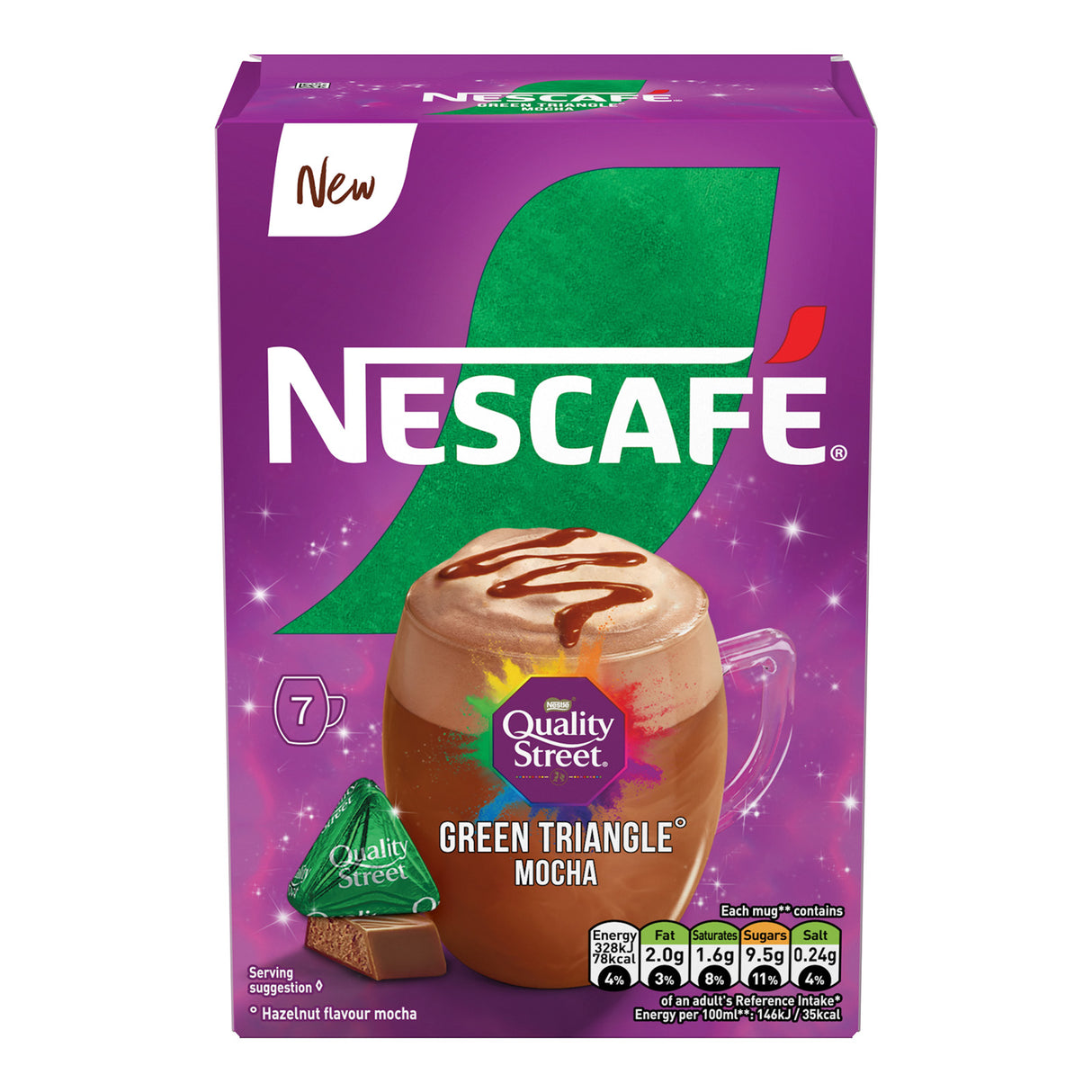 Nescafe packaging with a cup of coffee and Quality Street green triangle on a purple background