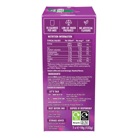 Purple packaging with nutritional information and ingredients list on a white background