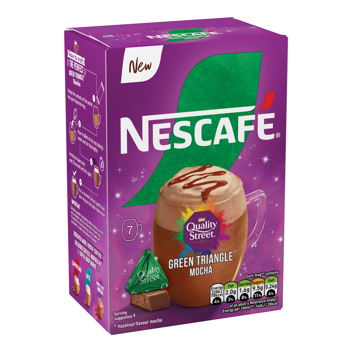 Nescafe Quality Street Green Triangle Mocha packaging on a white background