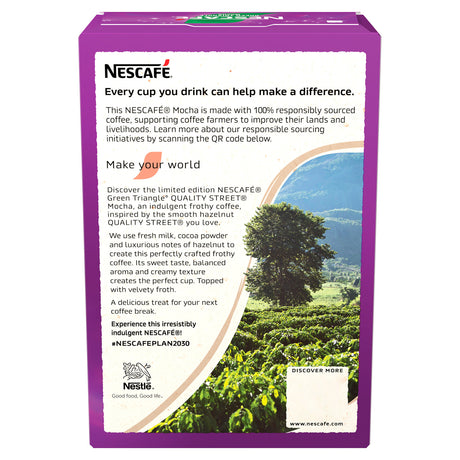 Nescafe coffee packaging with a purple border and green landscape image.