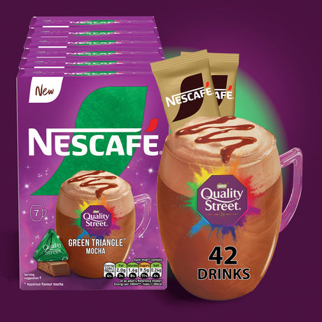 Nescafe packaging with a cup of coffee and Quality Street logo on a purple background