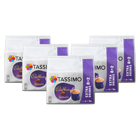 Multiple Tassimo Cadbury chocolate coffee pods on a white background
