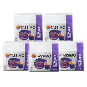 Five packages of Tassimo Cadbury Chocolatey drinks on a white background