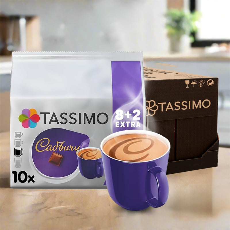 Tassimo Cadbury coffee pods packaging with a purple mug filled with coffee.