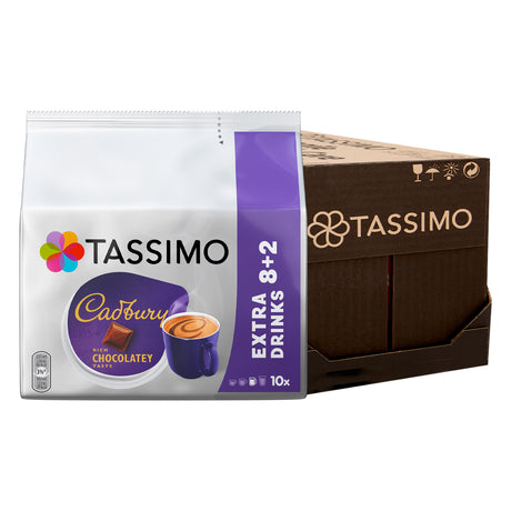 Tassimo Cadbury chocolatey flavor coffee pod packaging on a white background