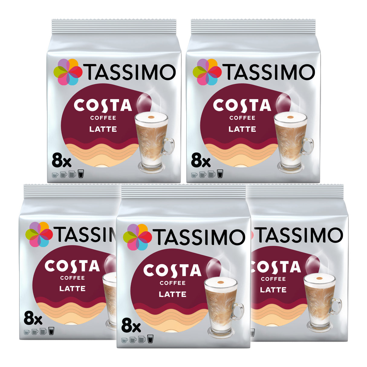 Five Tassimo Costa Coffee Latte packs on a white background