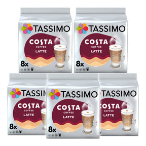 Five Tassimo Costa Coffee Latte packs on a white background