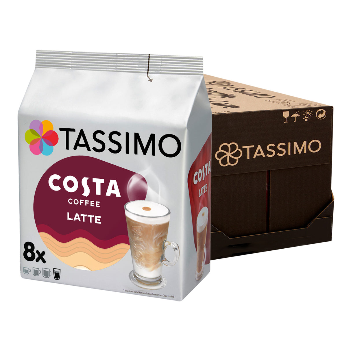 Tassimo Costa Coffee Latte packaging with a white background