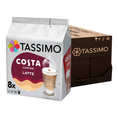 Tassimo Costa Coffee Latte packaging with a white background
