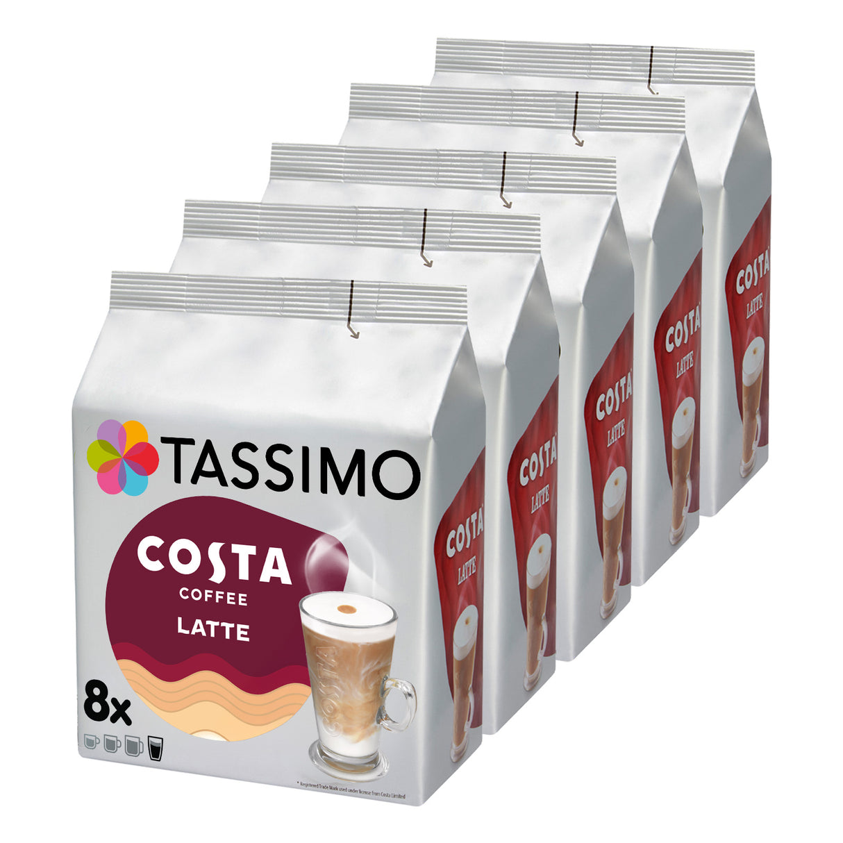 Tassimo Costa Coffee Latte packs on a white background
