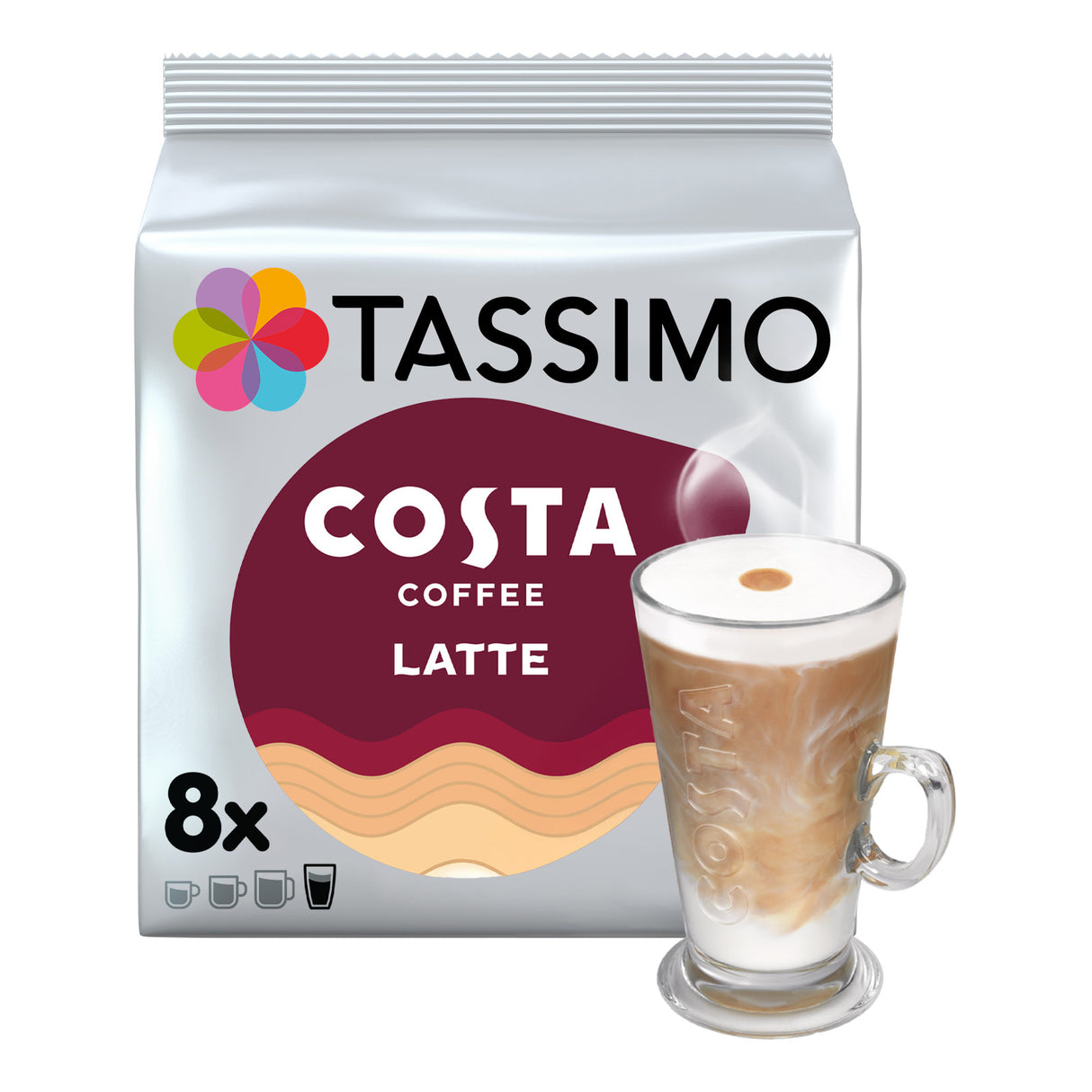 Tassimo Costa Coffee Latte packaging with a glass of latte on a white background