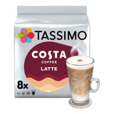Tassimo Costa Coffee Latte packaging with a glass of latte on a white background
