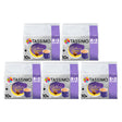 Five packages of Tassimo Cadbury Caramel coffee pods on a white background