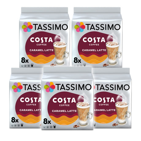 Five packages of Tassimo Costa Coffee Caramel Latte on a white background