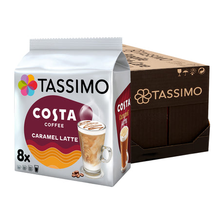 Tassimo Costa Coffee Caramel Latte packaging on a white background