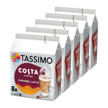Tassimo Costa Coffee Caramel Latte packs on a white background