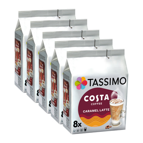 Tassimo Costa Coffee Caramel Latte packs on a white background