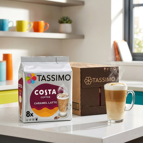 Tassimo Costa Coffee Caramel Latte packaging with a cup of coffee on a kitchen counter.