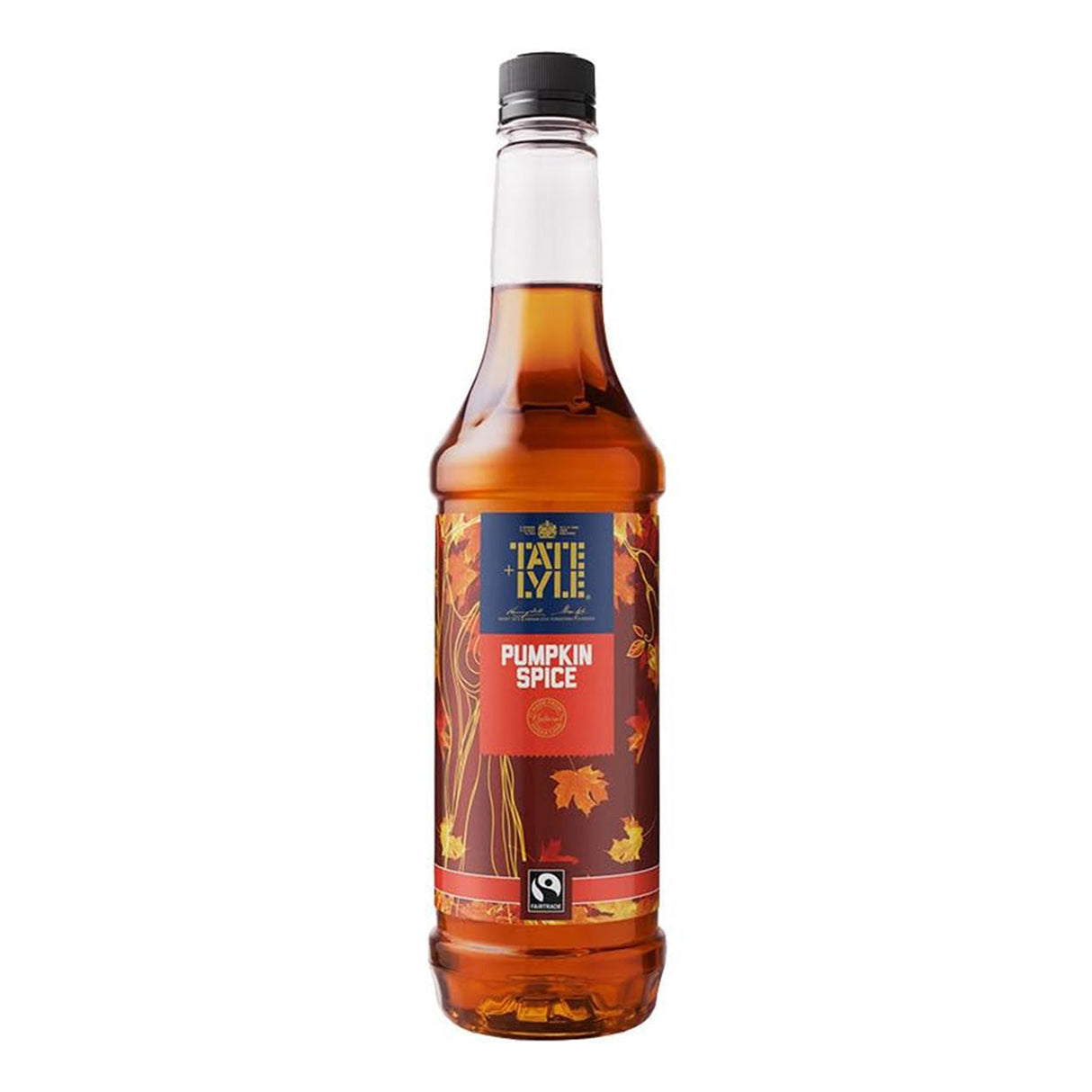 Bottle of Tate & Lyle Pumpkin Spice syrup on a white background
