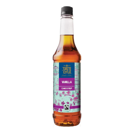 Bottle of Tate & Lyle vanilla syrup on a white background
