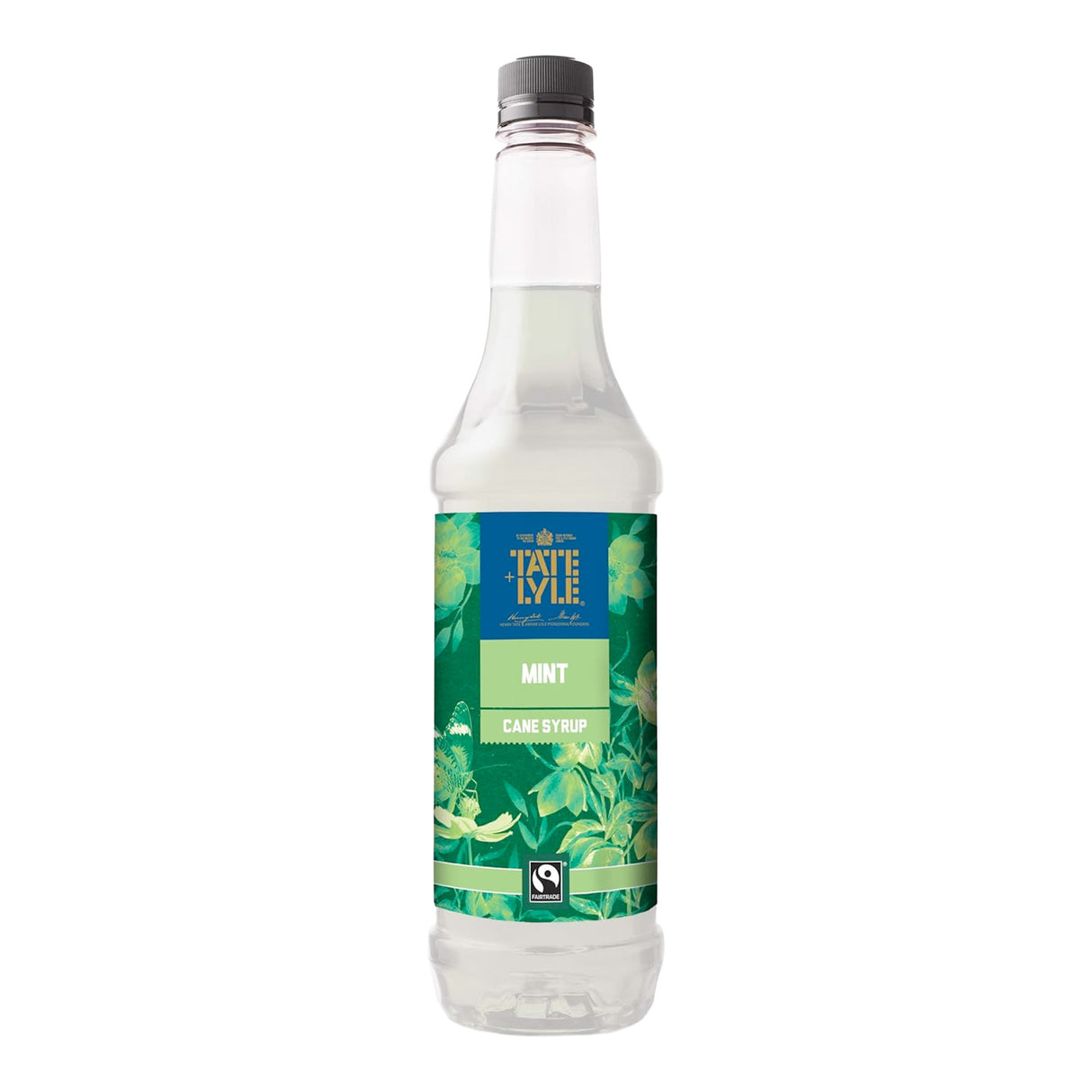 Bottle of Tate & Lyle mint syrup on a white background
