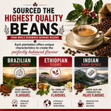 Promotional graphic for coffee beans featuring three flavor options: Brazilian Santos Fancy, Ethiopian Sidamo, and Indian Kaapi Royale. The design includes a cup of coffee, scattered coffee beans, cocoa pods, holly leaves, and a burlap sack on a light beige background with text highlighting high quality and ethical sourcing.