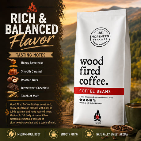 A bag of Northern Beaches Wood Fired Coffee Beans stands on a dark forest-themed background with flavor text and tasting notes. The bag is white with black lettering, a red band reading COFFEE BEANS, and a small flame logo near the bottom.