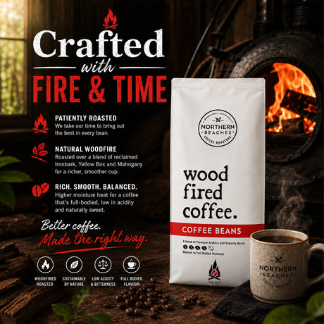 A bag of Northern Beached Coffee 'Wood Fired Coffee' stands next to a ceramic mug in front of a rustic wood stove with an open fire. The left side features promotional text highlighting the coffee's natural woodfire roasting process and flavor profile.