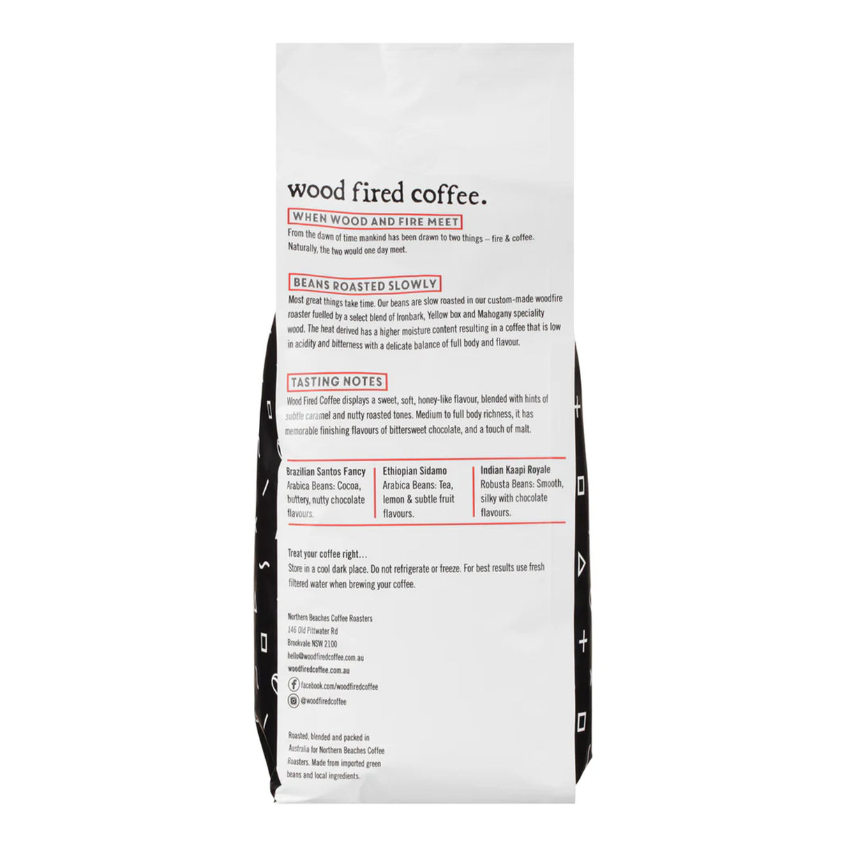 The back of a Wood Fired Coffee bag, showing detailed product information, roast details, tasting notes, and company details in black and red text on a white background.