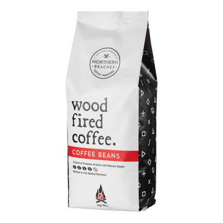A bag of Northern Beaches Wood Fired Coffee, Medium to Full Body, featuring a white and black design with a red accent band.